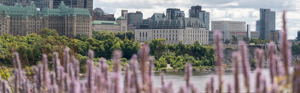 The Supreme Court of Canada building, Parliament Hill and downtown Ottawa, seen from the Ottawa River