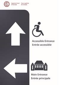 Panneau amélioré indiquant les endroits où se trouvent l'Entrée accessible ainsi que l'Entrée principale à l'aide de flèches et d'icônes.