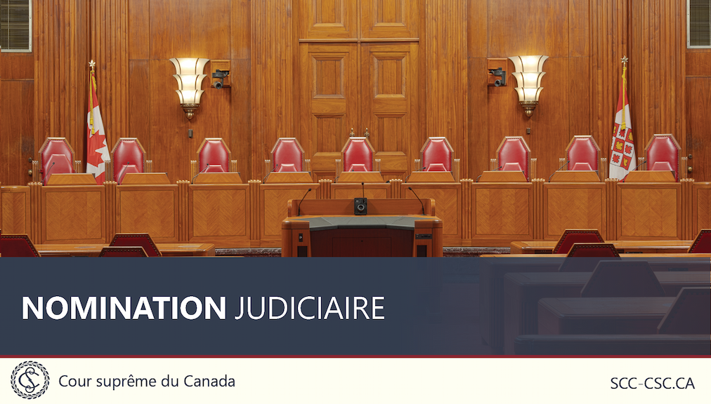 Le titre ‘Nomination judiciaire’, superposé sur une photo de la salle d’audience de la Cour suprême.