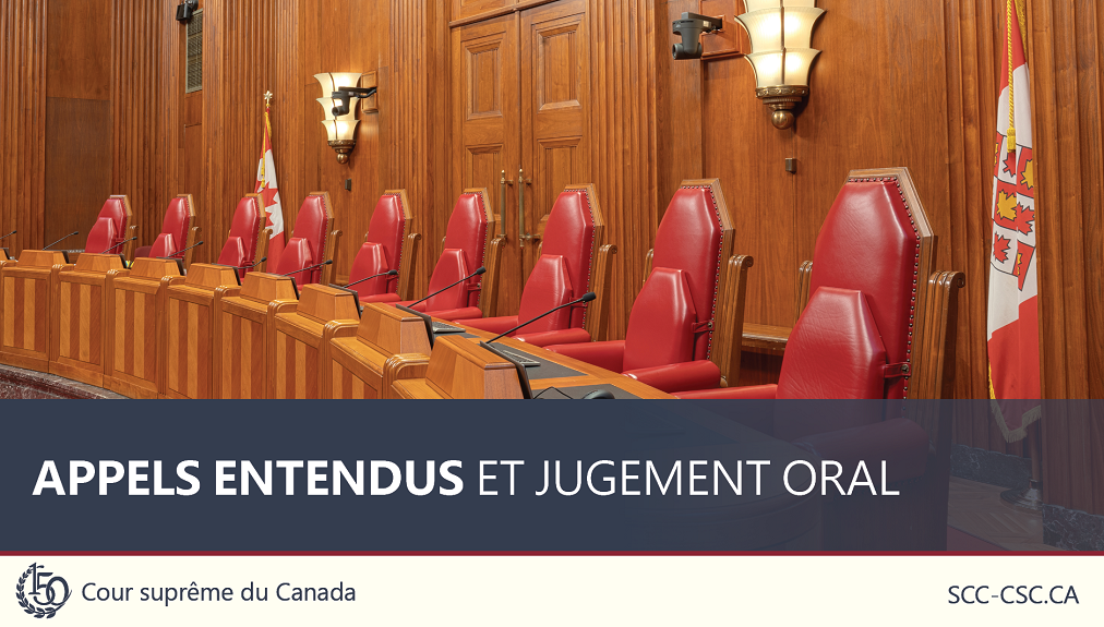 Le titre 'Appels entendus et jugement oral', superposé sur une photo du banc de la Cour suprême