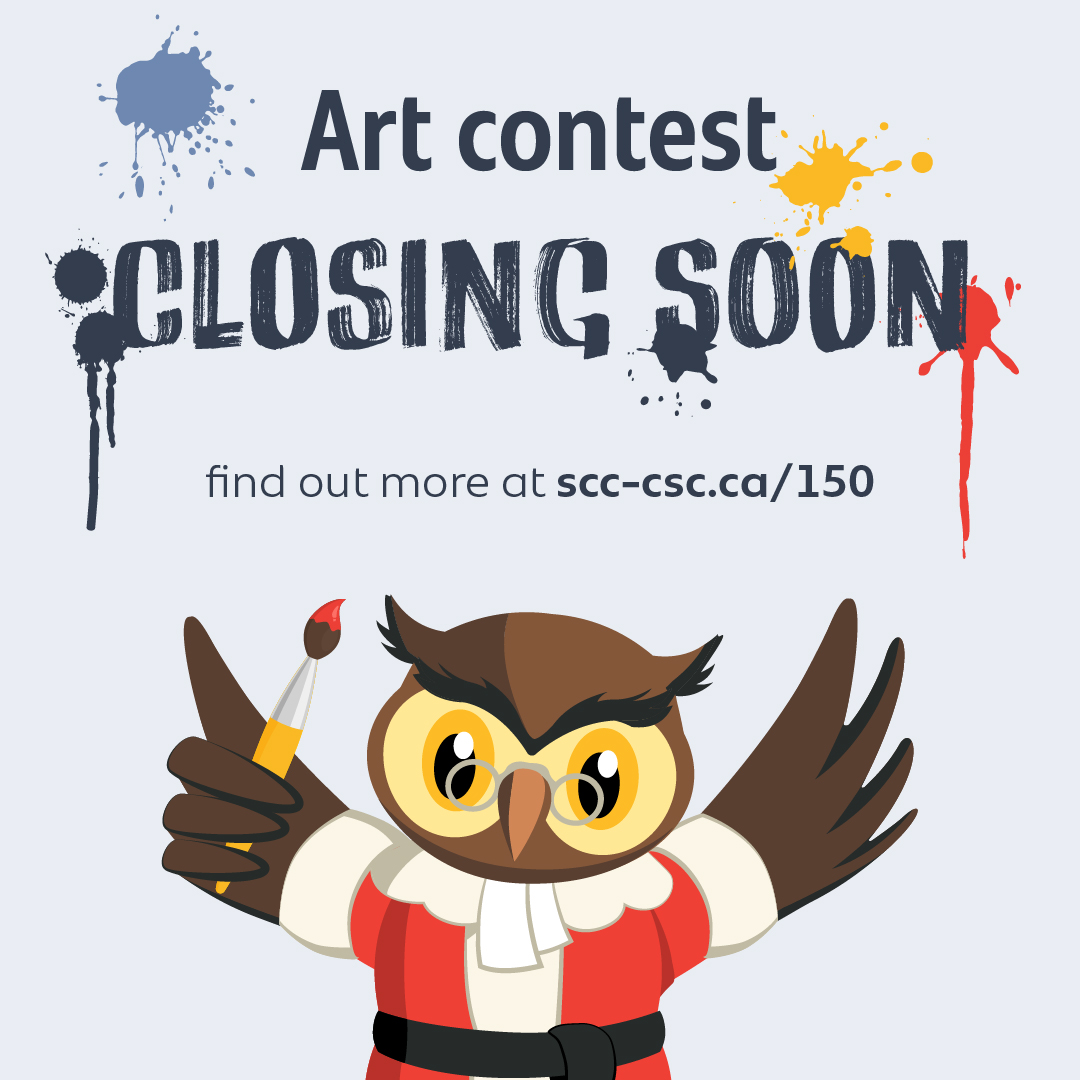 Graphic that reads “Art contest closing soon” and “Find out more at scc-csc.ca/150” with Amicus, the Court’s owl mascot