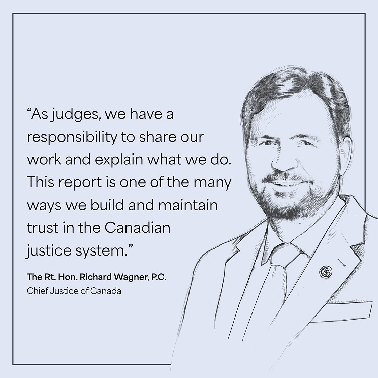 Sketch-style portrait of the Chief Justice in business clothes with the text “As judges, we have a responsibility to share our work and explain what we do. This report is one of the many ways we build and maintain trust in the Canadian justice system. The Rt. Hon. Richard Wagner, P.C., Chief Justice of Canada”