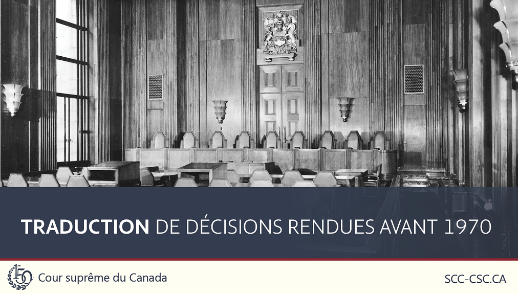 Le titre 'Traduction de décisions rendues avant 1970', superposé sur une photo de la salle d'audience en noir et blanc