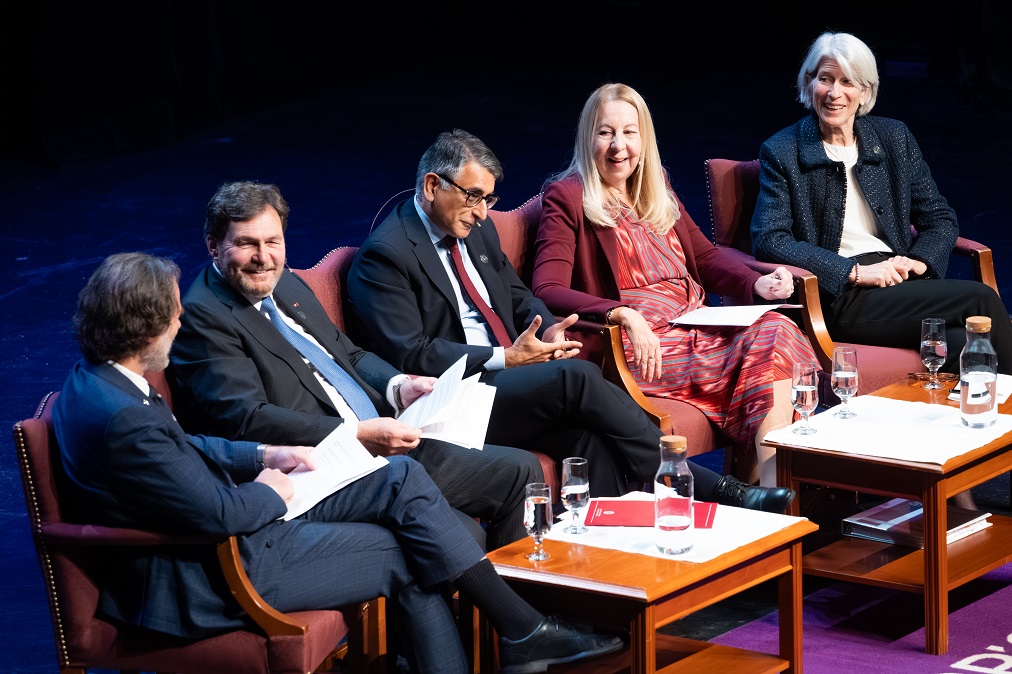 Close-up of the judges and Sébastien Lebel-Grenier sitting on stage during the public event.