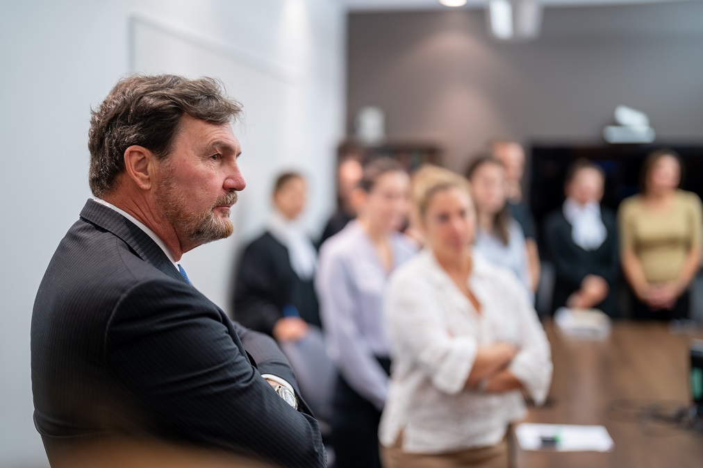 The Chief Justice listens to a discussion at an event at the École du Barreau.
