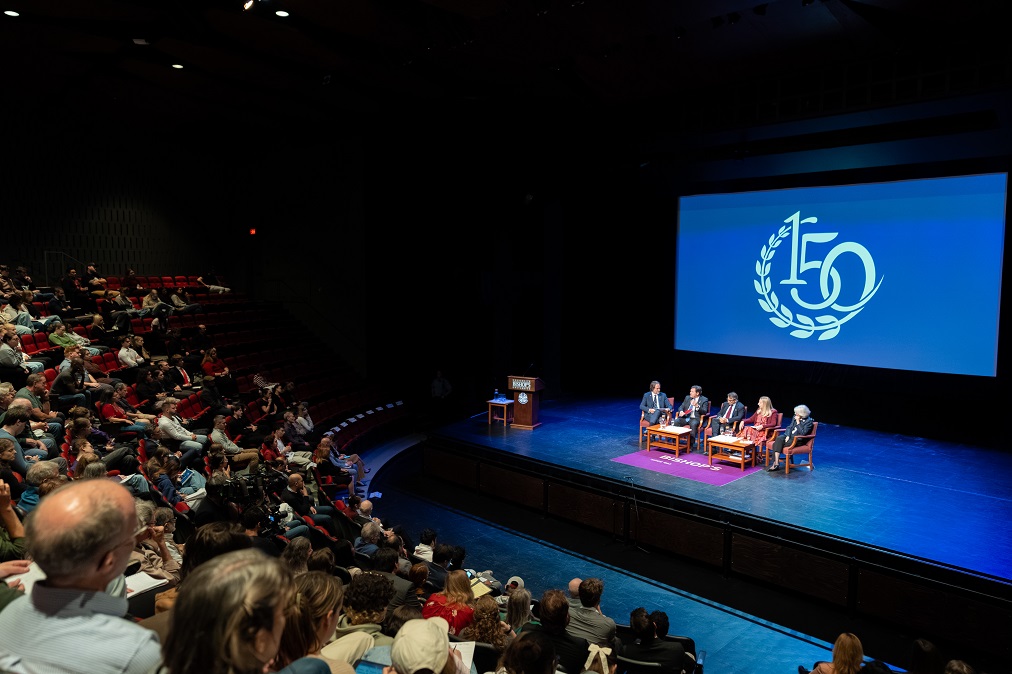The judges and Sébastien Lebel-Grenier sitting on stage during the public event.