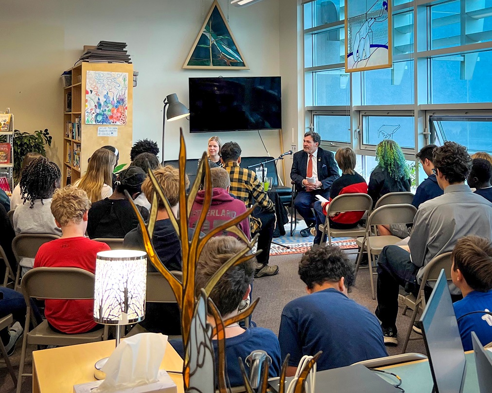 Chief Justice Wagner speaking to students in a classroom.