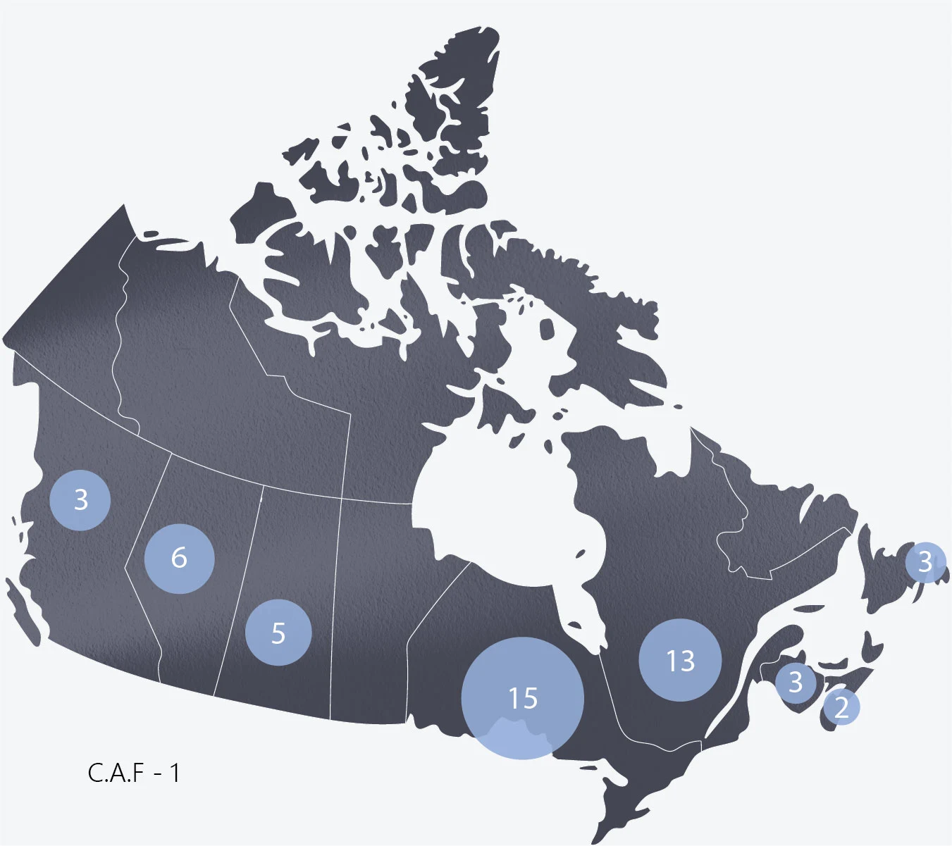 Une carte du Canada, annotée des nombres d’appels entendus par province et territoire, et des cours fédérales. YN : 0, T.N.-O. : 0, NT : 0, C.-B. : 3, ALB. : 6, SASK. : 5, MAN. : 0, ONT. : 15, QC : 13, N.-B. : 3, I.-P.-É. : 0, N.-É. : 2, T.-N.-L.: 3, C.A.F. : 1, C.A.C.M. : 0.