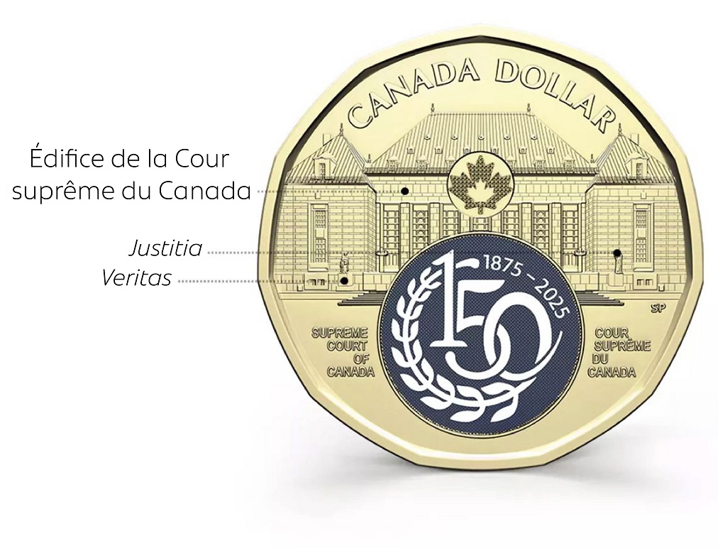Un diagramme de la pièce de monnaie commémorative dans lequel l’édifice et les statues Justicia et Veritas sont identifiées